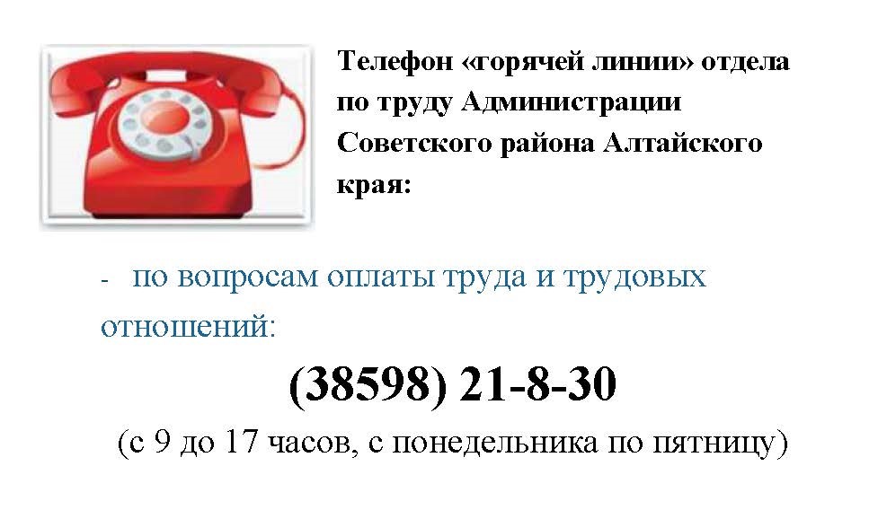 Телефон «горячей линии» отдела по труду Администрации Советского района Алтайского края: -	по вопросам оплаты труда и трудовых отношений: (38598) 21- 8-30 (с 9 до 17 часов, с понедельника по пятницу).